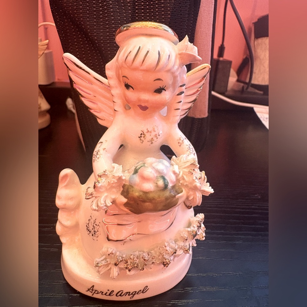 Vintage Napco 1956 April Angel Birthday Girl w/Eggs in basket Figurine